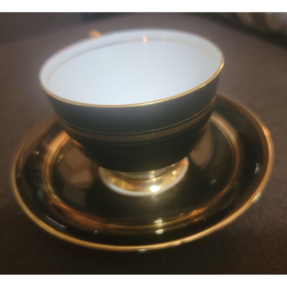 Aynsley England Bone China Tea Cup Saucer Shiny Black Gold stripe 1930s VTG - Picture 2 of 10